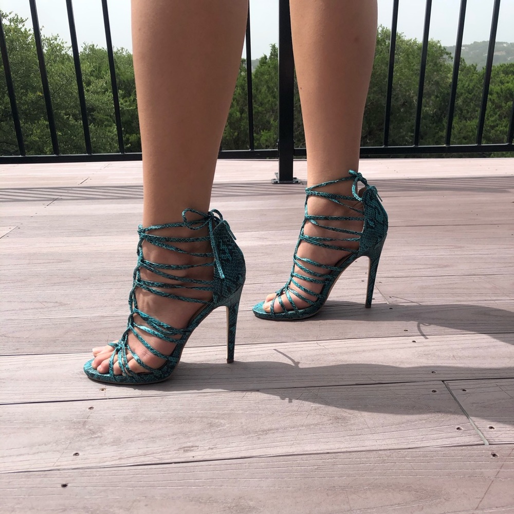Teal snakeskin strappy heels